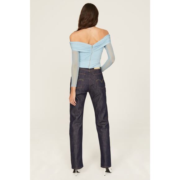 Self-Portrait Pale Blue Jersey Mesh Crossover Off the Shoulder Long Sleeve Top 0 - Picture 3 of 10